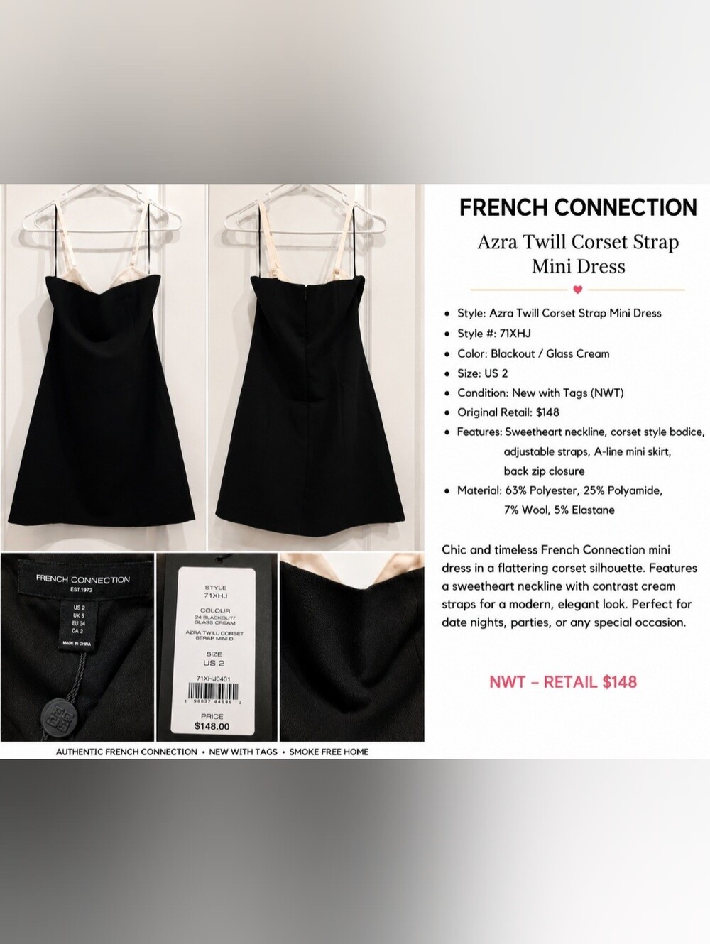 French Connection Azra Twill Corset Strap Mini Dress — NWT — US 2